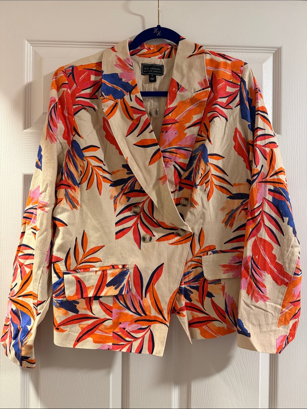 G by Giuliana Tropical Beige Blazer with Orange, Red, Pink & Blue Leaf Print
